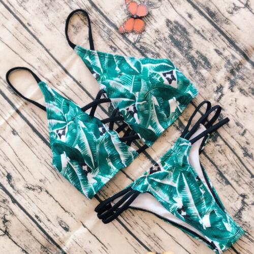 Women 2 Pieces Bikini Swimwear Floral Print Padded Push-Up Bra Bandage Swimsuit Beachwear Back Cross Up Slim Swimwear Bathing