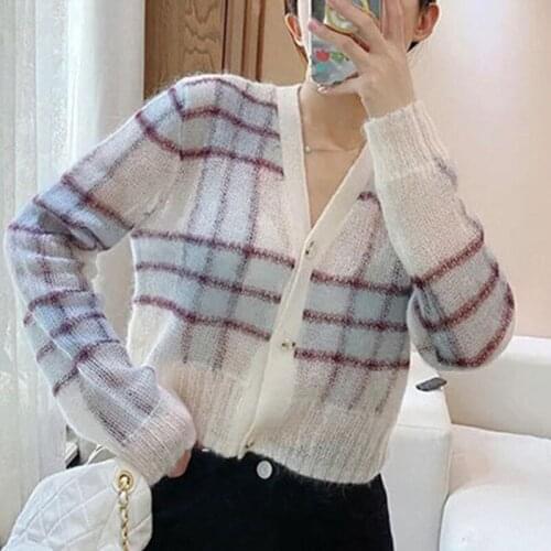 Women Contrast Color Plaid Sweater Cardigan Ladies Long Sleeve Single-Breasted Fashion Knitwear Female Outwear Tops