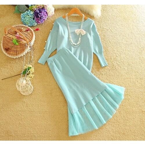 2016 Women Knitted Sweaters+Skirts Sets Autumn Winter Woman Knitting Sweater Tops Mesh Patchwork Skirt Suits