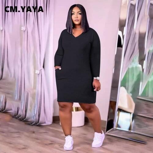 CM.YAYA Women Plus Size Dress Solid Stretchy Bodycon Vestidos with Pockets Female Casual Pencil Dresses V-neck Clothing Autumn
