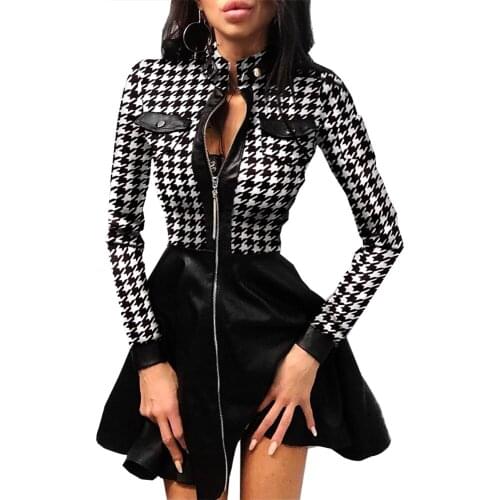 Fashion Houndstooth Print A-line Womens Office Dress Autumn Casual Stand Collar Zipper Short Dress High Street 2020 New