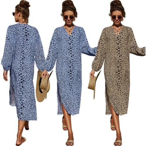 Women Casual Loose Long Dress Leopard Print Holiday Beach Summer Vestido Fashion Long Sleeve V-neck High Slit Mid-calf Length