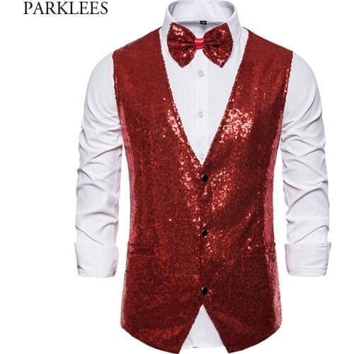 Red Sequins Vest Men Shiny Glitter Colete Waistcoat Men Vest Set Wedding Party Nightclub DJ Stage Mens Gilet Suit Vest HombreXXL