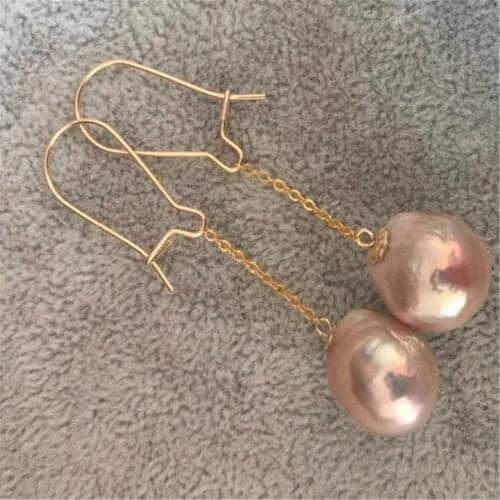 1pair 12-13mm Pink Baroque Pearl Earrings 18k Ear Drop Hook Fashion Dangle Wedding Natural Cultured Irregular Luxury
