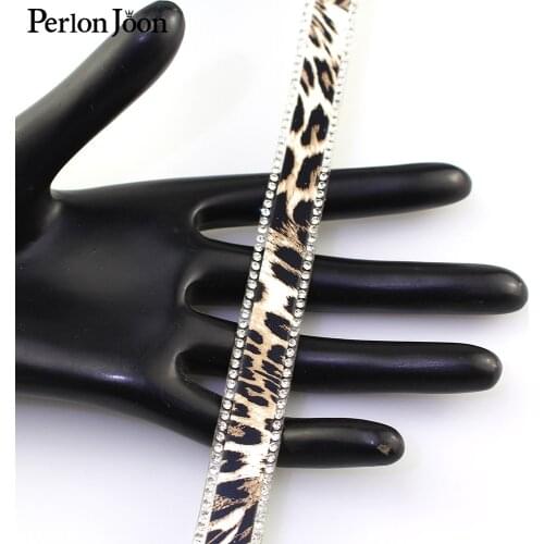 1 yard 1.5cm Leopard Python printing Leather hot fix tape ribbon crystal rhinestone decoration iron shoes clothing accessories