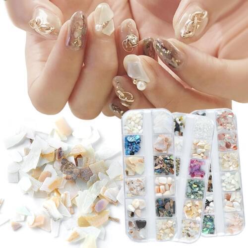 12 grids /box Natural Sea-shell Slices 3D Nail Art Decorations Mixed Gradient Crushed Stone Charm Manicure Design Accessories