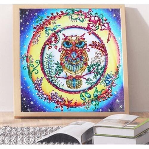 DIY diamond embroidery circle diamond special Alien cartoon painting Owl in a wreath rhinestone crystal painting home decoration