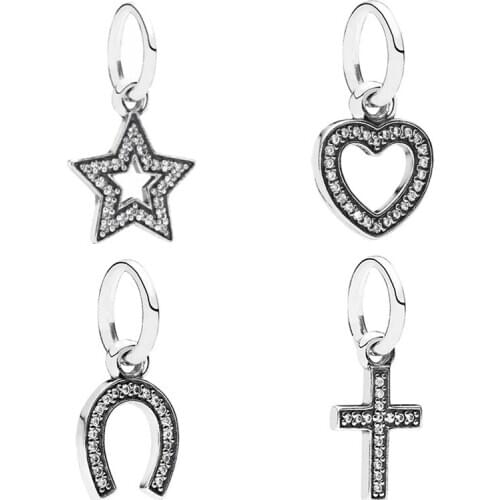 Baofu 925 sterling silver beaded shiny five-pointed star, heart-shaped, cross pendant suitable for original bracelet female