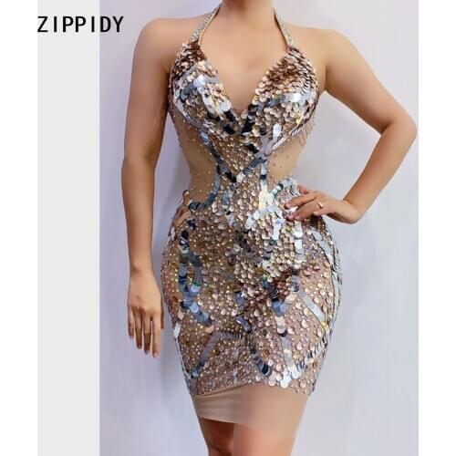 V-neck Rhinestones Flashing Sequin Transparent Dress Birthday Celebrate Outfit Dress Bar Prom Party Dance Short Dress