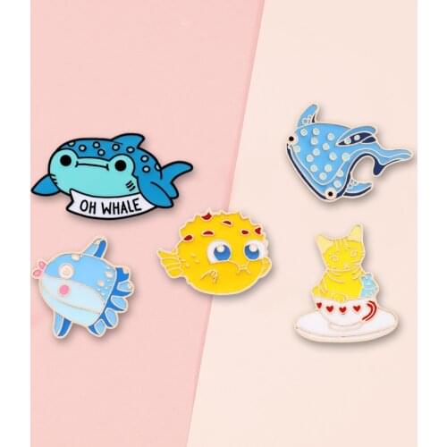 Sea Creatures Enamel Pins Funny Cute Shark Taiyaki Whale Puffer Fish Octopus Dolphin Cup Cat Brooches Ocean Jewelry Student Gift