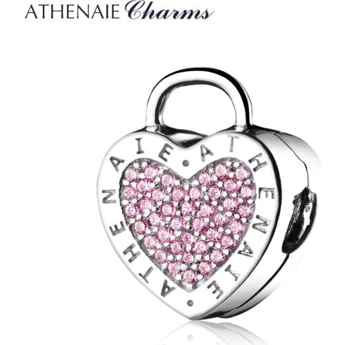 ATHENAIE 925 Sterling Silver Charms Pave Pink CZ Lock Your Promise Clip Stopper Beads Fit European Bracelet & Necklace Jewelry