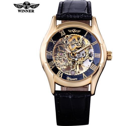 2016 WINNER BRAND MEN MALE RUSSIAN GOLDEN BLACK SKELETON HAND WIND MECHANICAL MILITARY FASHION CASUAL WATCHES LEATHER BAND