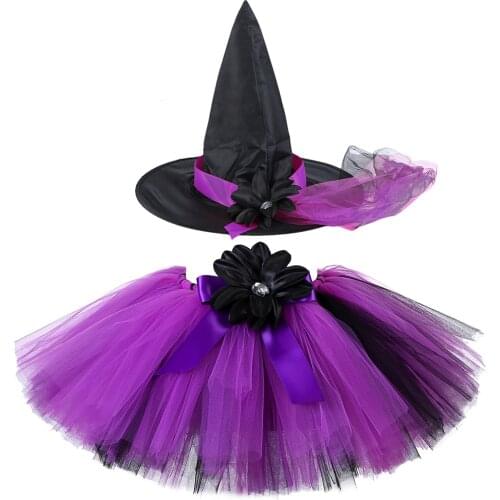 Black & Purple Girls Tutu Skirt with Hat Children Halloween Dress Up Witch Costume Flowers Bowknot Tulle Skirt Kids Tutu Outfit