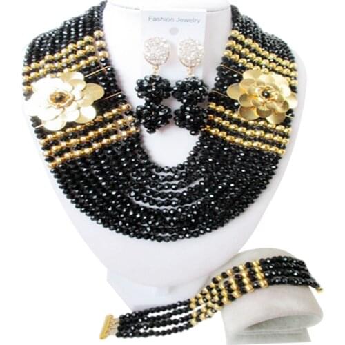 Black African Necklace Beads Jewelry Set Crystal Beaded Nigerian Wedding Bridal Jewelry Sets