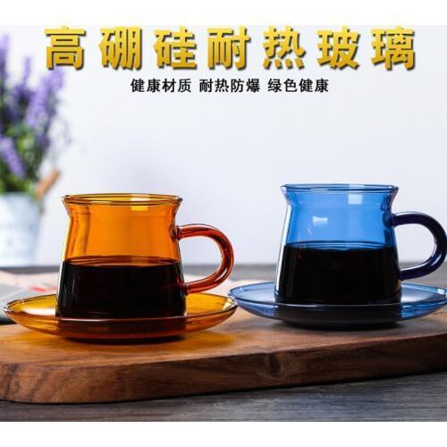 Ins color heat resistant glass with handle coffee cup milk cup water cup breakfast cup with plate amber blue