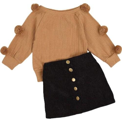 Kids Toddler Baby Girl Fall Winter Outfit Long Sleeve Pompom Knitted Shirt Sweater Top Button Skirt 2PCS Clothes Set