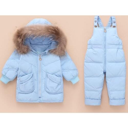 2020 Real Fur Collar Kids Winter Down Jacket Baby Girls Warm Overalls Children Winter Down Clothing Sets Toddler Boys Down Coat