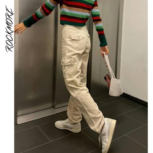 Rockmore Casual Baggy Jeans Womens Cargo Pants Pockets Streetwear Y2K Mom High Waist Straight Denim Trousers E Girl Harajuku