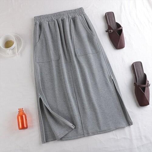 Elastic waist knitted fabric pocket design side long zipper skirt 2020 Autumn and Winter new high waist All-match slim Hip skirt