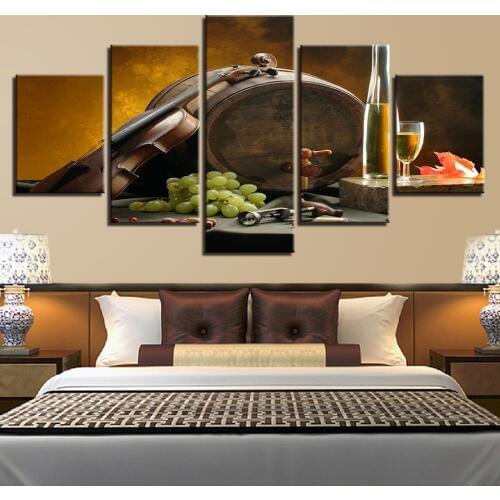 HD Printed Abstract Painting 5 Panels Guitar Wine Grape Picture Canvas Wall Art Pictures Home Decor Room Poster Unframed