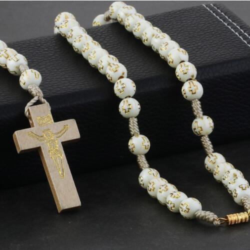 Handmade Catholic Rosary Beads Cross Jesus Pendant Necklace Jerusalem Antique Wooden Necklace Religious Jewelry for Women Men