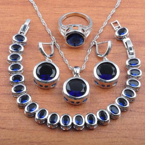 Wedding Jewelry Sets For Women Silver Color Blue Zirconia Earrings And Necklace Pendant Rings Bracelet Sets JS0371