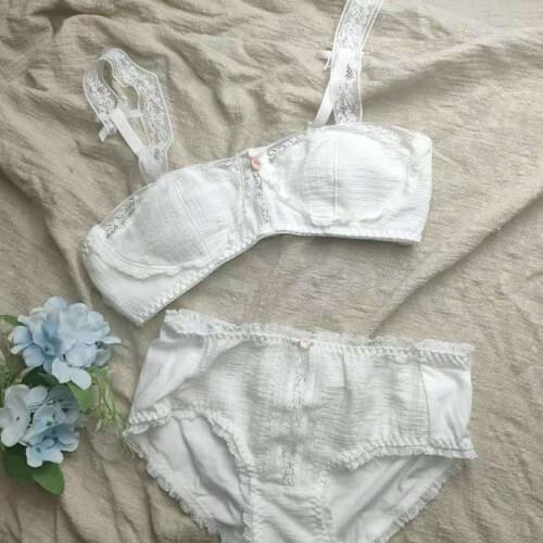 Japanese Lolita Bra Cotton Embroidery Ethika Women Set Beautiful White Underwear Lingerie Femme Ruffles Lace Bra and Thong Set