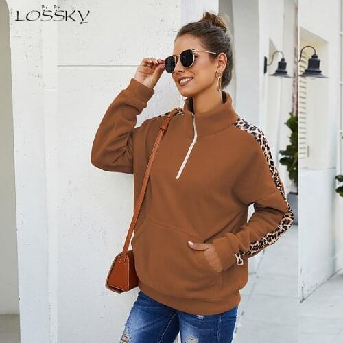 Fashion Women Leopard Stitching Hoodie Casual Warm Long Sleeve Pullover Korean Style Turtleneck Top Streetwear Autumn Winter2021