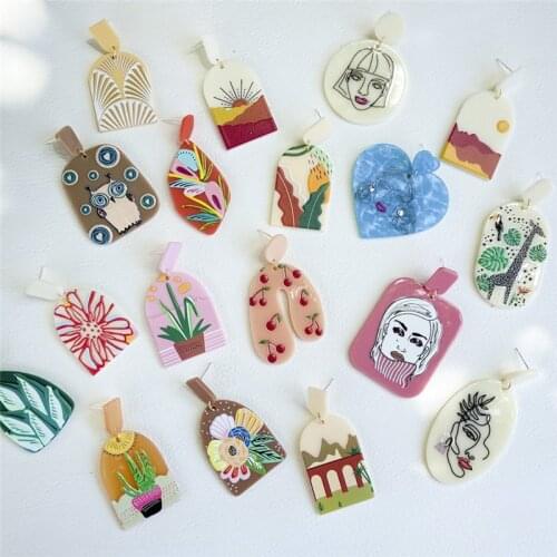 New Creative Acrylic Printing Pattern Earrings for Women Cute Geometric Animal Flower Resin Earrings Girl Fashion Jewelry 2021
