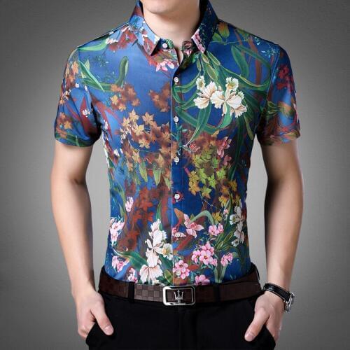New design 2018 summer mens casual floral clothes male short sleeve flowers printed dress shirts