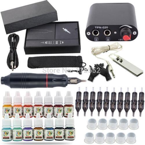 Complete Tattoo Kit Motor Pen Rotary Machine Gun Color Inks Power Supply Needles set 14 pigments