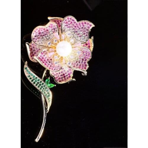Luxury Brand Designer Large Flower Brooches for Women Shine Pink Purple Cubic Zirconia Pins Elegant Wedding Brooch Pin New Gifts