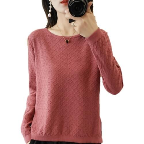 Tailor sheep cotton knit sweater womens o-neck long-sleeved knit pullover short split openwork sweater