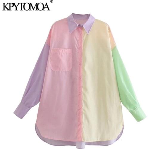 KPYTOMOA Women 2021 Fashion Oversized Color Patchwork Asymmetry Blouses Vintage Long Sleeve Pockets Female Shirts Chic Tops