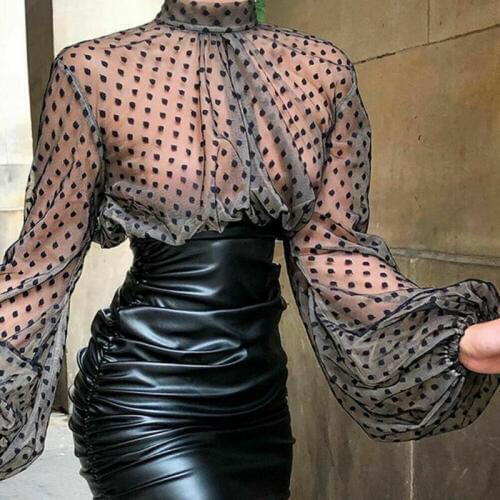 Newest Arrivals Womens See-through Polka Transparent Tops Loose Sheer Mesh Dot Blouse Long Sleeve Fashion Casual Blouses