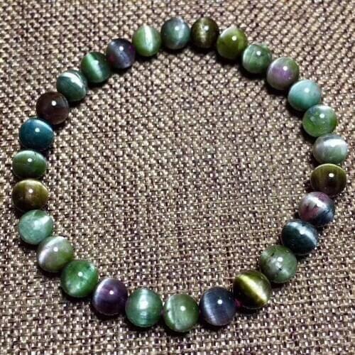 6.8mm Top Natural Cats Eye Colorful Tourmaline Crystal Women Bracelet AAAA
