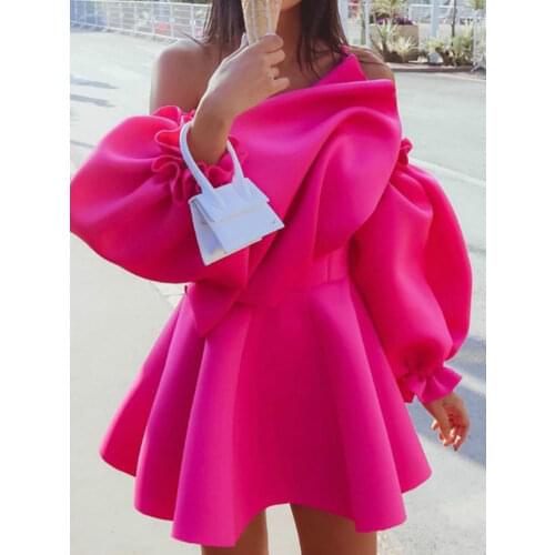 Ladies Sexy Off Shoulder Mini Length Birthday Party Rose Red Dress with Puff Sleeve Spaghetti Strap Club Wear Dresses Plus Size