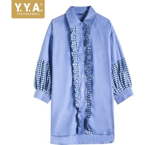 Vintage Women Preppy Style Mixed Colors Loose Dress Single Breasted Lantern Sleeve Turn-Down Collar Office Lady Above Knee Dress