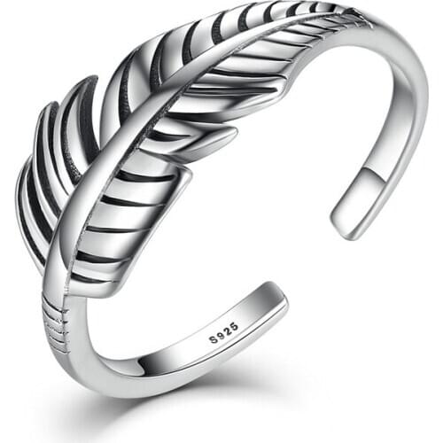 2019 Hot Sale Authentic 925 Sterling Silver Feather Vintage Band Cuff Adjustable Open Ring for Women Fine Jewelry VSR045