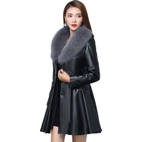 2021 New Winter Women Leather Fur Jackets Female Cotton Padded Overcoat Imitate Fox Wool Outerwear Manteau Femme Hiver Faux 7XL