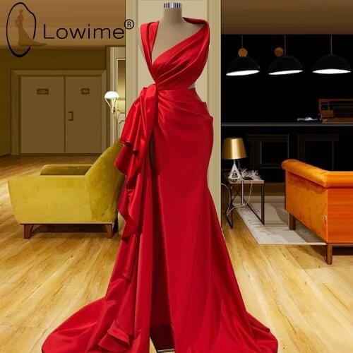 2021 Simple Red Mermaid Evening Dresses with High Split Sweep Train Satin Prom Party Gowns Formal Female Dresses Vestidos