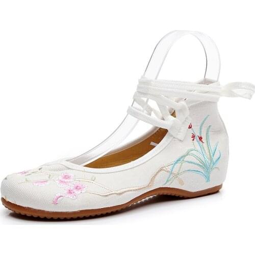Vintage Ankle Strap Ladies Chinese Embroidery Canvas Ballet Shoes Comfort Women Casual Cotton Embroidered Ballerina Flats