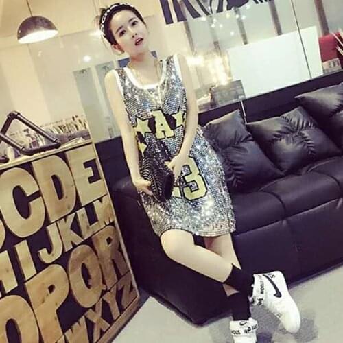 Sequin Shining Number Letter Sleeveless Straight Plus Size Loose Slim Sliver Black Green Women Summer Cocktail Dresses 9738