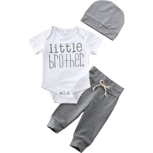Infant Newborn Baby Boy Cotton Romper Little Brother Long Sleeve Bodysuit + Pants + Hat Outfit Set