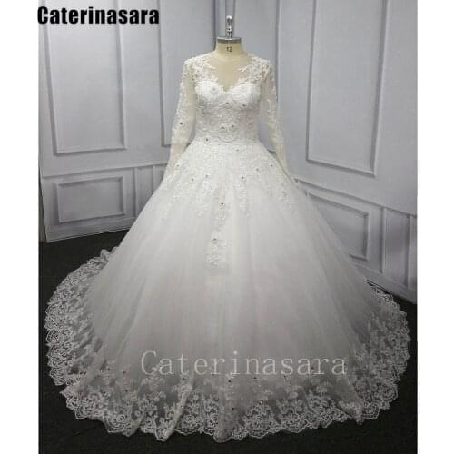 Illusion Lace Pearls Long Sleeves Wedding Dress Zipper Button Bridal Ball Gown Real Photos Custom Made