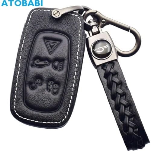 Leather Car Key Case 5 Buttons Smart Keyless Entry Remote Control Fobs Protect Cover For Land Rover LR4 Range Rover Sport Evoque