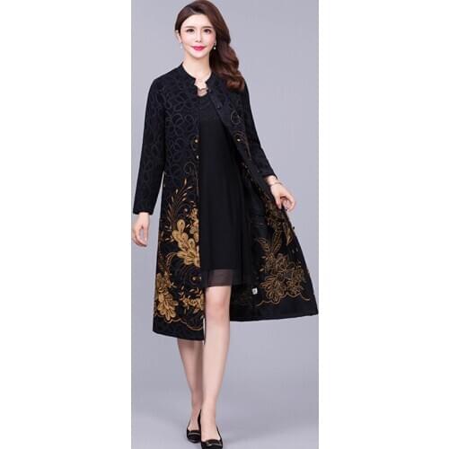 Lingwave Women mid-length autumn lace embroidery Chinese style stand-up collar slim fit ladies single-breasted jacket plus size