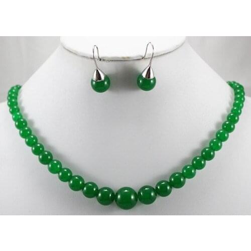Hot sell wholesale charming and elegant 6-12mm green jade necklace & earrings jewelry set