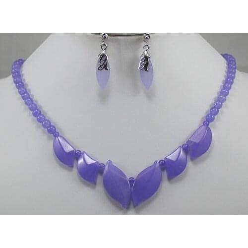 Wholesale unique 18" purple jades beads and leaf shape Natural Stone necklace stud earrings jewelry set