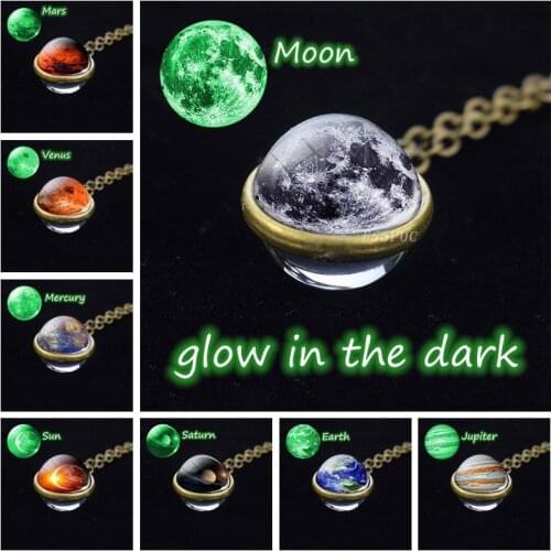 Glow In The Dark Solar System Necklace Moon Earth Mars Necklace Double Side Glass Ball Pendant Luminous Necklace Jewelry